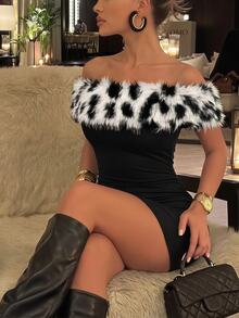 SHEIN SXY Gaun Mini Pesta Kencan Seksi Wanita dengan Blok Warna Mewah dan Bahu Terbuka - MultiWarna - View 1