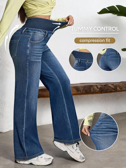 Flexra Jeans de mezclilla azul lavados para mujer, casuales de otoño, cintura alta, pierna ancha, control de abdomen, para gimnasio y uso diario