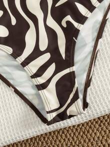 SHEIN Swim 女士沙滩音乐节春夏图案印花金属配饰系带领时尚优雅精致连体泳衣 - 彩色 - 查看 3