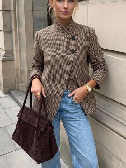 Aloruh Women's Summer Houndstooth Stand Collar Blazer Teachers' Day Office Brunch Brown Stripe French Elegant