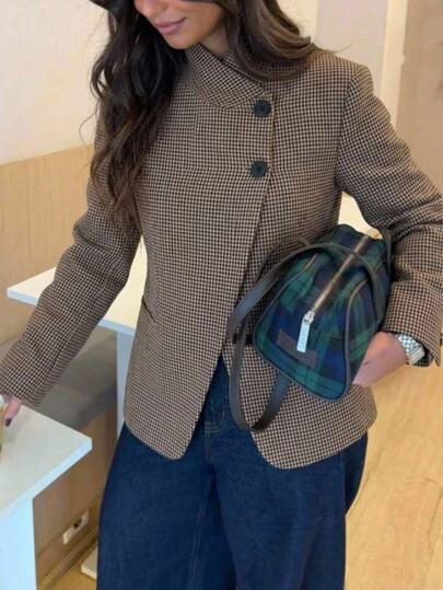 Aloruh Women's Summer Houndstooth Stand Collar Blazer Teachers' Day Office Brunch Brown Stripe French Elegant