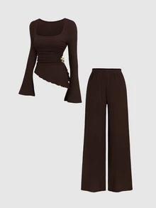Sweetra Women's Brown Casual Minimalist Textured Fabric Bell Sleeve Asymmetrical Hem Metal Button Top Long Sleeve & Comfortable Versatile Straight Leg Draped Wide Leg Pants 2 Pieces Set - Coffee Brown - View 1