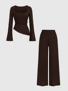 Sweetra Women's Brown Casual Minimalist Textured Fabric Bell Sleeve Asymmetrical Hem Metal Button Top Long Sleeve & Comfortable Versatile Straight Leg Draped Wide Leg Pants 2 Pieces Set - Coffee Brown - View 4