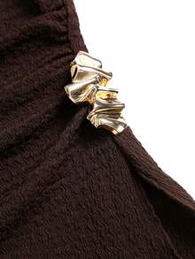 Sweetra Women's Brown Casual Minimalist Textured Fabric Bell Sleeve Asymmetrical Hem Metal Button Top Long Sleeve & Comfortable Versatile Straight Leg Draped Wide Leg Pants 2 Pieces Set - Coffee Brown - View 3