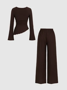 Sweetra Women's Brown Casual Minimalist Textured Fabric Bell Sleeve Asymmetrical Hem Metal Button Top Long Sleeve & Comfortable Versatile Straight Leg Draped Wide Leg Pants 2 Pieces Set - Coffee Brown - View 2
