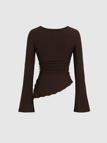 Sweetra Women's Brown Casual Minimalist Textured Fabric Bell Sleeve Asymmetrical Hem Metal Button Top Long Sleeve & Comfortable Versatile Straight Leg Draped Wide Leg Pants 2 Pieces Set - Coffee Brown - View 6