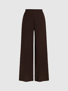 Sweetra Women's Brown Casual Minimalist Textured Fabric Bell Sleeve Asymmetrical Hem Metal Button Top Long Sleeve & Comfortable Versatile Straight Leg Draped Wide Leg Pants 2 Pieces Set - Coffee Brown - View 5