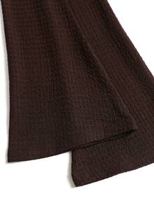Sweetra Women's Brown Casual Minimalist Textured Fabric Bell Sleeve Asymmetrical Hem Metal Button Top Long Sleeve & Comfortable Versatile Straight Leg Draped Wide Leg Pants 2 Pieces Set - Coffee Brown - View 8
