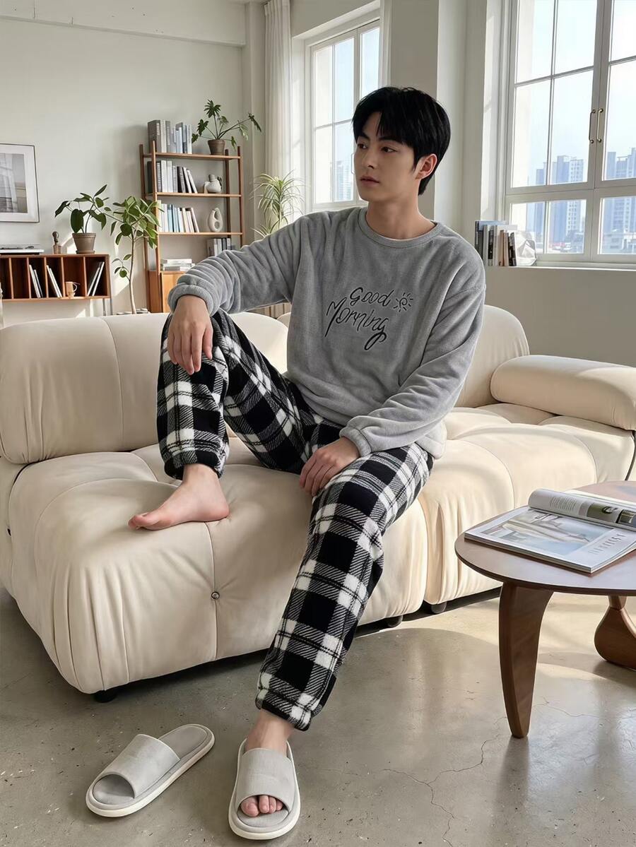 Teen Boys Grey Flannel Lounge Set, Loose Comfortable Plaid Pants And Fuzzy Pajama Top, 2 Pieces Set, Suitable For Autumn/Winter - Grey - View 1