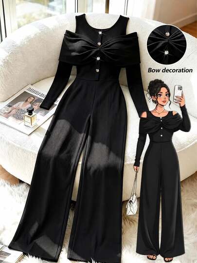 GlowEve CURVE Plus Size Women's Elegant Pure Black Cold Shoulder Long Sleeve Fitted Wide Leg Formal Party Jumpsuit, Autumn/Winter Fall