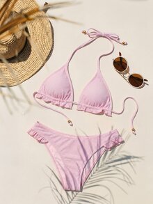 Aralina 夏季度假海灘風西式格紋荷葉邊三角比基尼套裝附泳裝收納袋 - 粉色 - 查看 10