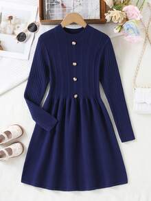 Vestido de suéter de punto acanalado con detalle de botones para niña preadolescente - Azul Marino - Ver 7