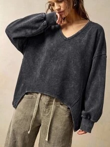 Bohemela 女款休閒不對稱下擺運動衫，秋季 - 黑色 - 查看 8