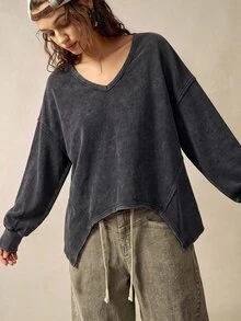 Bohemela 女款休閒不對稱下擺運動衫，秋季 - 黑色 - 查看 5