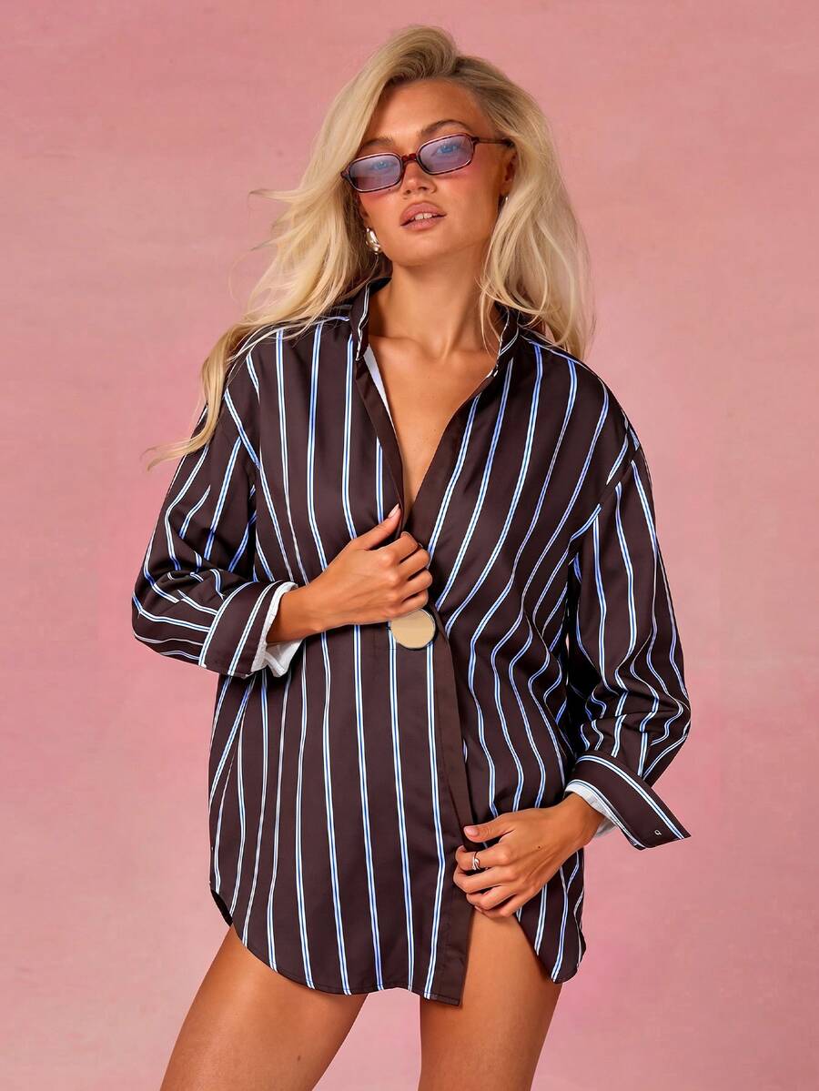 Athîral Women's Casual Striped Shirt, Autumn - Coffee Brown - View 1
