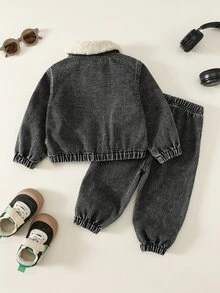 SHEIN Baby Boy Fleece Collar Denim Jacket And Denim Pants Set, Thickened For Autumn/Winter Back To School Season - Blue - View 2