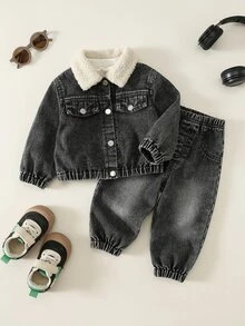 SHEIN Baby Boy Fleece Collar Denim Jacket And Denim Pants Set, Thickened For Autumn/Winter Back To School Season - Blue - View 4