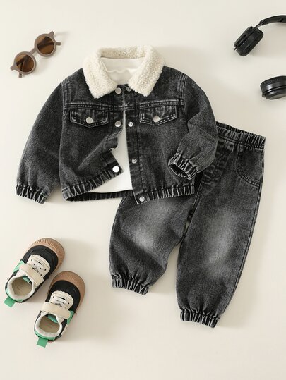 SHEIN Baby Boy Fleece Collar Denim Jacket And Denim Pants Set, Thickened For Autumn/Winter Back To School Season