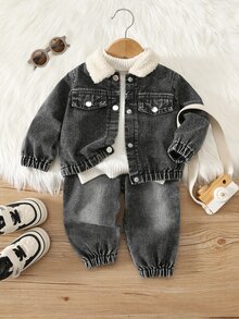 SHEIN Baby Boy Fleece Collar Denim Jacket And Denim Pants Set, Thickened For Autumn/Winter Back To School Season - Blue - View 3