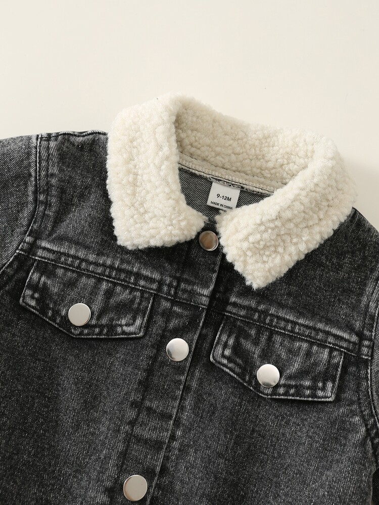 SHEIN Baby Boy Fleece Collar Denim Jacket And Denim Pants Set, Thickened For Autumn/Winter Back To School Season - Blue - View 5