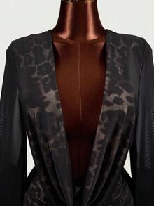 Mistrie Autumn Sexy Party Cheetah Print Low-Cut Draped Collar, Flared Sleeves, Black Halloween Two Pieces Set - Black - View 4