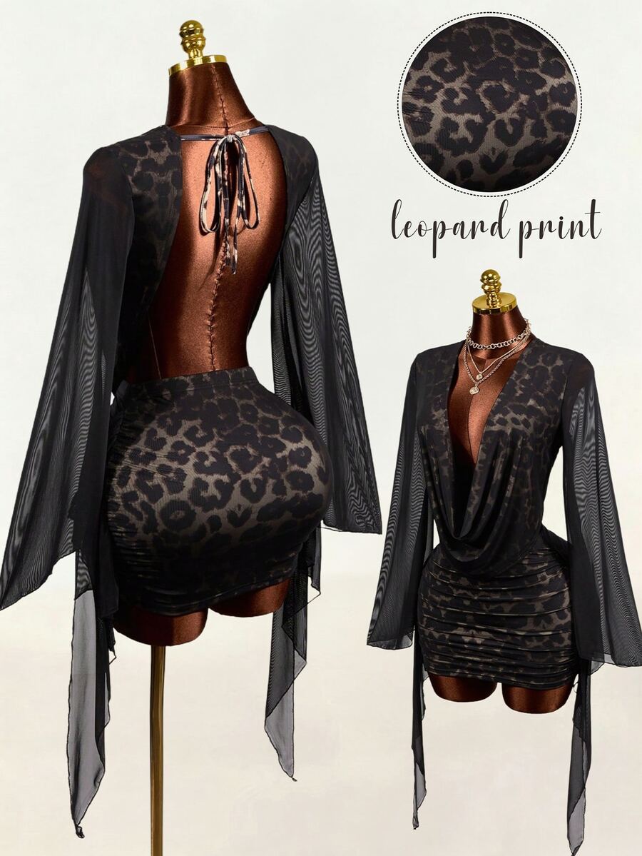 Mistrie Autumn Sexy Party Cheetah Print Low-Cut Draped Collar, Flared Sleeves, Black Halloween Two Pieces Set - Black - View 1