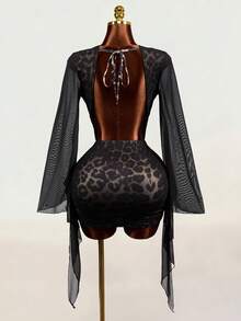 Mistrie Autumn Sexy Party Cheetah Print Low-Cut Draped Collar, Flared Sleeves, Black Halloween Two Pieces Set - Black - View 2