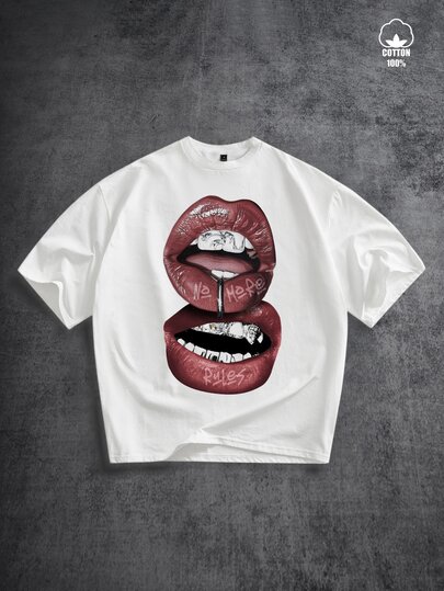 Manfinity ZONE917 Camiseta de manga corta de 100% algodón blanco con estampado gráfico de labios rojos desgastados vintage, piercing, gema y brackets dentales