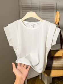 SHEIN 青少年女孩春夏休閒白色圓領雙層寬版無袖T恤，適合日常休閒穿著，白色上衣 - 白色 - 查看 7