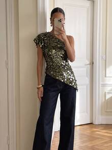 AiiRZ One Shoulder Sequin Embellished Asymmetric Hem Blouse Sparkling Disc Paillette Top Holiday Party Night Out - Army Green - View 1