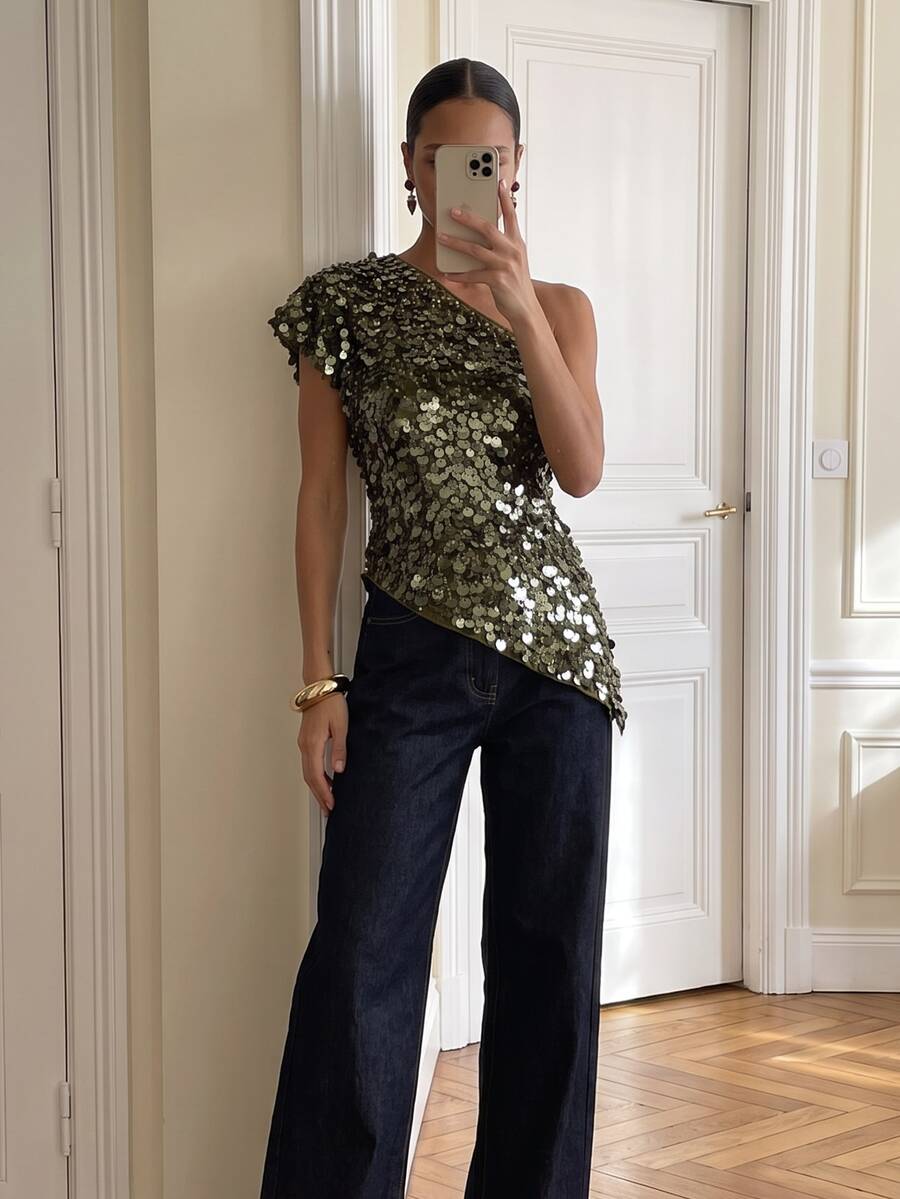 AiiRZ One Shoulder Sequin Embellished Asymmetric Hem Blouse Sparkling Disc Paillette Top Holiday Party Night Out - Army Green - View 1