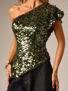 AiiRZ One Shoulder Sequin Embellished Asymmetric Hem Blouse Sparkling Disc Paillette Top Holiday Party Night Out - Army Green - View 5