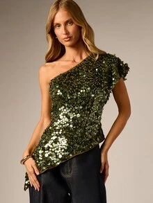 AiiRZ One Shoulder Sequin Embellished Asymmetric Hem Blouse Sparkling Disc Paillette Top Holiday Party Night Out - Army Green - View 6