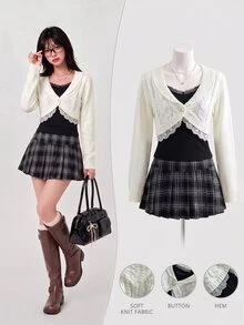 Elamini Cardigan Rajut Kabel Lengan Pendek Panjang dengan Hiasan Kancing Renda untuk Wanita, Cantik, Lembut, dan Menawan. - Putih - View 4