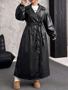 Muchica 大尺碼女款黑色翻領長袖雙排扣PU皮革風衣大衣，附腰帶，萬聖節秋冬穿搭，酒會夜生活，寬鬆休閒 - 黑色 - 查看 3