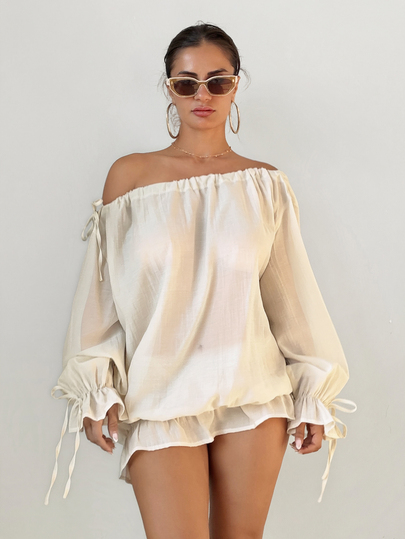 Sirith Casual Elegant French Ruffle Versatile Asymmetric Neckline Tie Bow Sheer Flattering Summer Vacation Sweet Date Party Women's Shirt Cream White