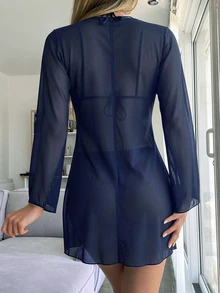 SHEIN Swim 度假海灘純色透視網紗和服式罩衫 - 藏蓝色 - 查看 2