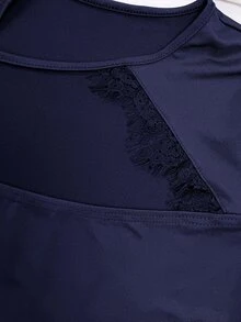 Glamine 美式辣妹風優雅性感海軍藍針織拼接蕾絲飾領中彈性小圓領帽袖合身女款T恤 - 藏蓝色 - 查看 6
