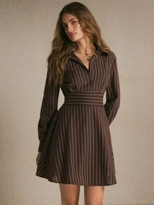 Poéselle Gaun Mini Kasual Lengan Panjang Bergaris untuk Wanita - Coffee Brown - View 7