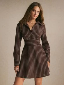 Poéselle Gaun Mini Kasual Lengan Panjang Bergaris untuk Wanita - Coffee Brown - View 5