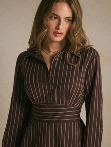 Poéselle Gaun Mini Kasual Lengan Panjang Bergaris untuk Wanita - Coffee Brown - View 3