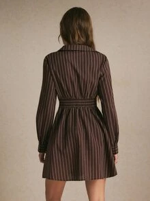 Poéselle Gaun Mini Kasual Lengan Panjang Bergaris untuk Wanita - Coffee Brown - View 2