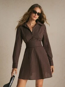 Poéselle Gaun Mini Kasual Lengan Panjang Bergaris untuk Wanita - Coffee Brown - View 6