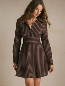 Poéselle Gaun Mini Kasual Lengan Panjang Bergaris untuk Wanita - Coffee Brown - View 4