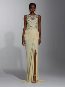 Elitara Gaun Mermaid Mewah Elegan dengan Pita Kuning, Manik-manik, Payet, Renda, Patchwork Satin, Belahan Belakang, dan Tali Pengikat, Cocok untuk Pernikahan, Pesta, Pesta Lajang, Liburan, Prom, dan Gala Malam. - Angsa kuning - View 1