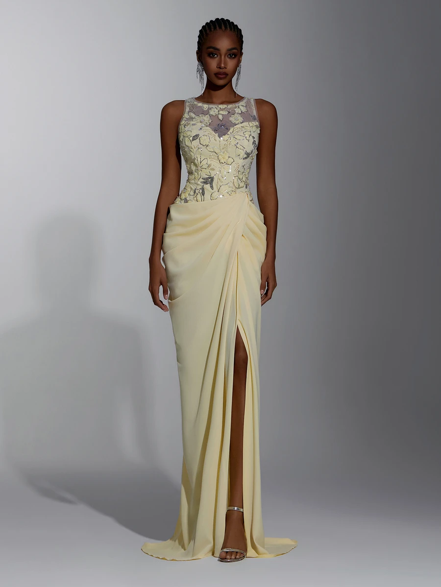 Elitara Gaun Mermaid Mewah Elegan dengan Pita Kuning, Manik-manik, Payet, Renda, Patchwork Satin, Belahan Belakang, dan Tali Pengikat, Cocok untuk Pernikahan, Pesta, Pesta Lajang, Liburan, Prom, dan Gala Malam. - Angsa kuning - View 1