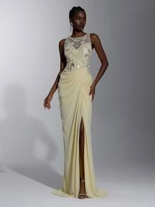 Elitara Gaun Mermaid Mewah Elegan dengan Pita Kuning, Manik-manik, Payet, Renda, Patchwork Satin, Belahan Belakang, dan Tali Pengikat, Cocok untuk Pernikahan, Pesta, Pesta Lajang, Liburan, Prom, dan Gala Malam. - Angsa kuning - View 5