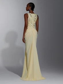 Elitara Gaun Mermaid Mewah Elegan dengan Pita Kuning, Manik-manik, Payet, Renda, Patchwork Satin, Belahan Belakang, dan Tali Pengikat, Cocok untuk Pernikahan, Pesta, Pesta Lajang, Liburan, Prom, dan Gala Malam. - Angsa kuning - View 3