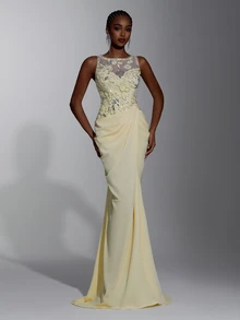 Elitara Gaun Mermaid Mewah Elegan dengan Pita Kuning, Manik-manik, Payet, Renda, Patchwork Satin, Belahan Belakang, dan Tali Pengikat, Cocok untuk Pernikahan, Pesta, Pesta Lajang, Liburan, Prom, dan Gala Malam. - Angsa kuning - View 4