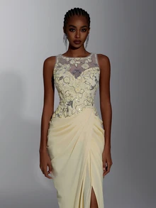 Elitara Gaun Mermaid Mewah Elegan dengan Pita Kuning, Manik-manik, Payet, Renda, Patchwork Satin, Belahan Belakang, dan Tali Pengikat, Cocok untuk Pernikahan, Pesta, Pesta Lajang, Liburan, Prom, dan Gala Malam. - Angsa kuning - View 2
